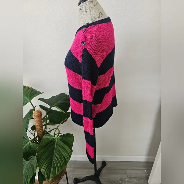 Lauren Ralph Lauren Pink & Navy Striped Button Shoulder Sweater – Size M - Image 2