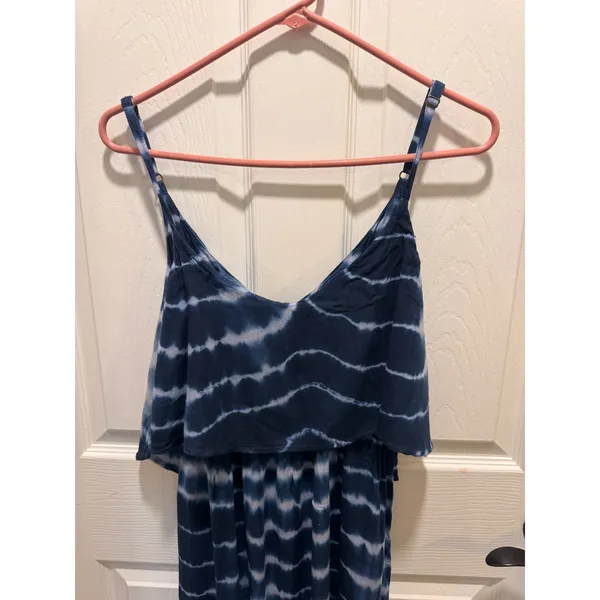 Japna Navy Blue Tie Dye Maxi Dress Ruffle Overlay Adjustable‎ Straps Women's Small - Image 3