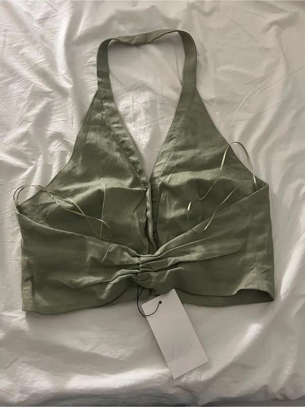 Zara green linen halter neck button front top NWT medium - Image 4