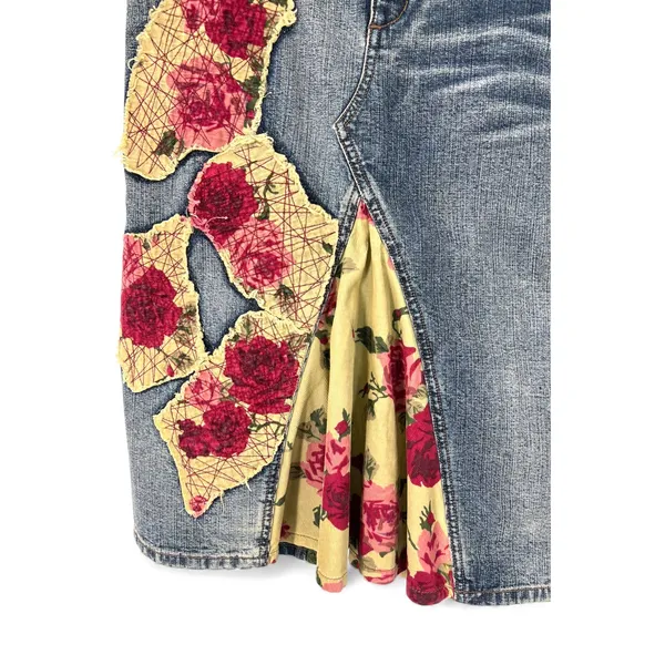 Vintage Y2K 90's Express 7/8 Denim Skirt Corduroy Floral Patches Ruffle Low rise - Image 2