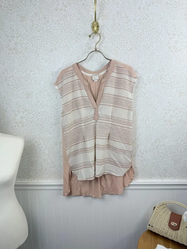 Postmark by Anthropologie Split Neck Pink Stripe Hi-Low Tank - Size - Medium - Image 2