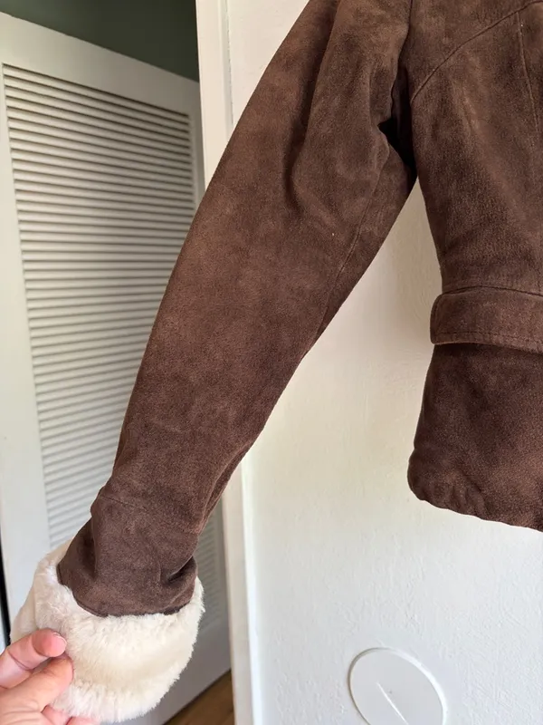 Y2K leather suede bomber jacket with fuzzy lining size small Brown - Image 3