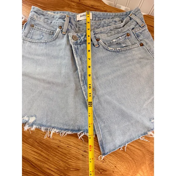 AGOLDE Criss Cross Distressed Denim Mini Skirt Light Wash 27 - Image 9