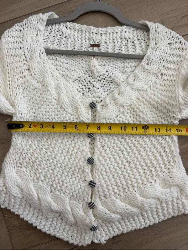 Free People Off White Cable Knit Gingham Button Down Cropped Boho Cardigan S - Image 8