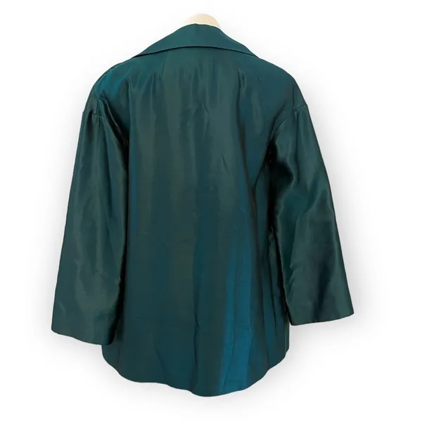 ST. JOHN COUTURE Sharkskin Silk Wool Blend Teal Open Front Jacket Blazer Size 8 - Image 6