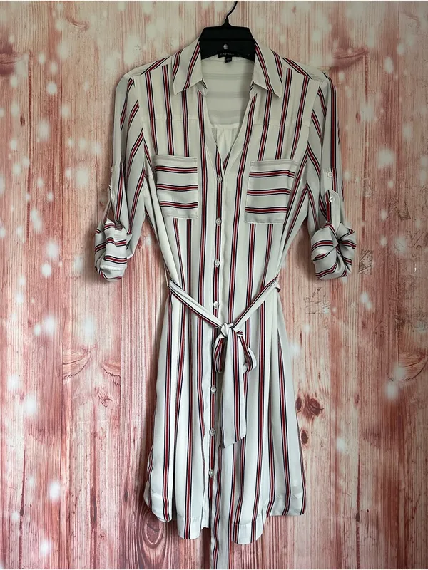 Express Outlet White Convertible Sleeve Red Striped Long Sleeve Shirt Dress Sz S - Image 4