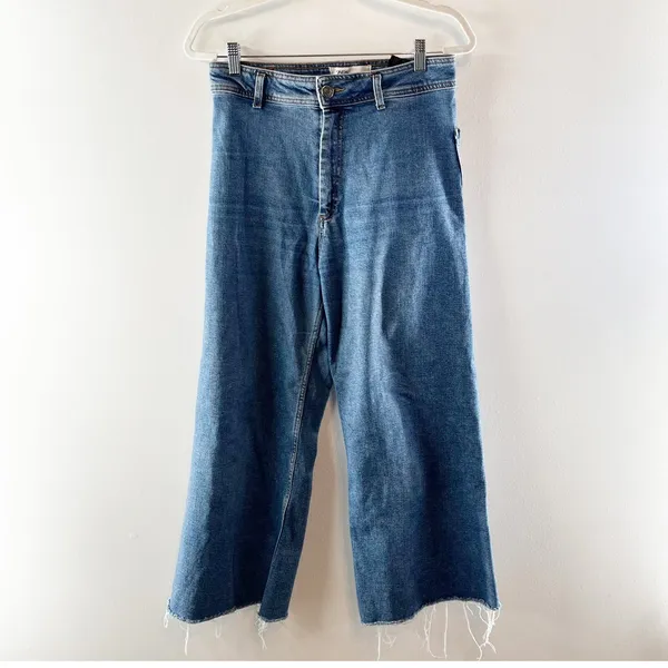 Zara Marine High Rise Frayed Hem Denim Wide Leg Jeans Blue 8 - Image 2