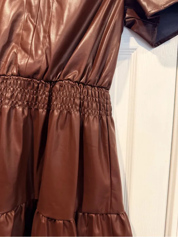 NWT Vigoss Size S Brown Faux Leather Mini Dress Puff Sleeve Smocked Waist V Neck - Image 2