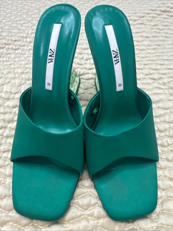 Zara Women’s Green Satin Strap Slides Square Front Chunky Block Acrylic Heel 39 - Image 6