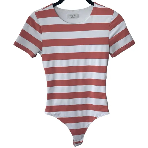 Aritzia Babaton White Pink Striped Short Sleeve Bodysuit‎ Feminine Festival Feminine XS - Image 2