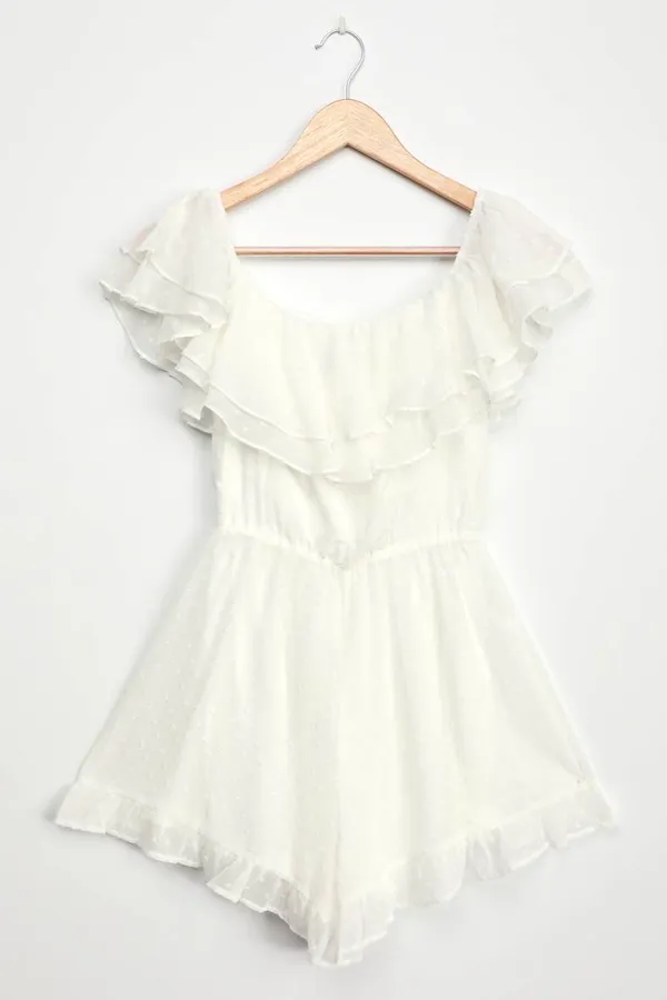New Frilled to Bits White Swiss Dot Off-the-Shoulder Romper MSRP $58 - Image 7