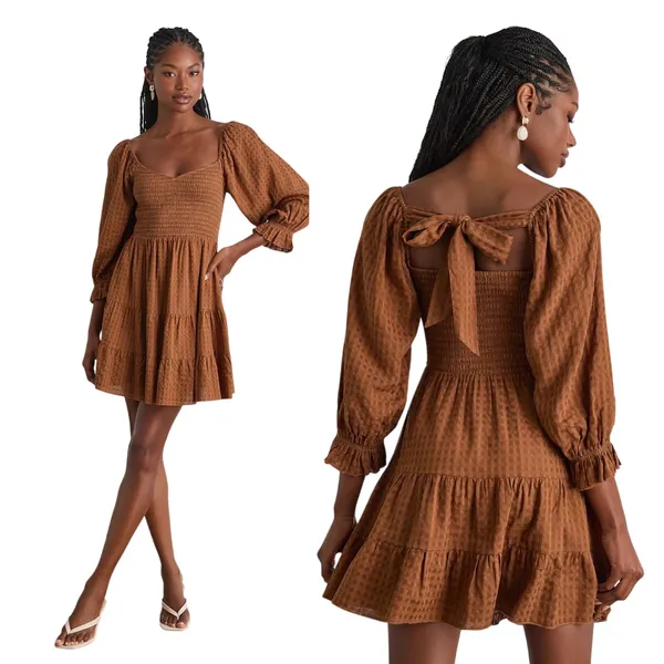 Lulus Charming Afternoon Tan Gingham Balloon Sleeve Mini Dress size M NWT - Image 2