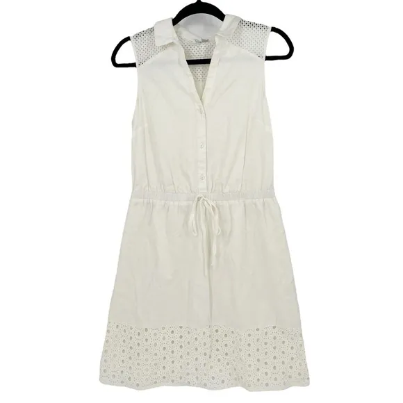 Elle White Eyelet Cotton Shirtdress Sleeveless Button Down Drawstring‎ Mini Sz S - Image 2