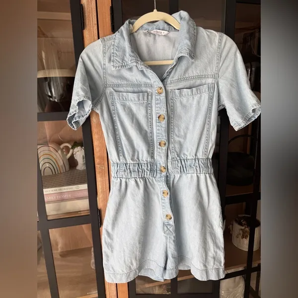 Zara denim playsuit romper utility button down short sleeve light wash pockets - Image 8