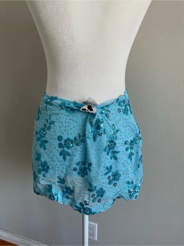 Sky Blue Sequin Floral Mini Skirt - Image 3