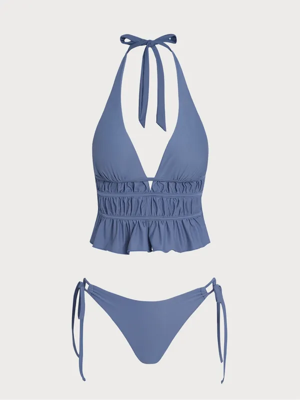 Samiol Halter Ruffle Swim Top and Tie-Side Bikini Bottoms - Dusty Blue - Image 6