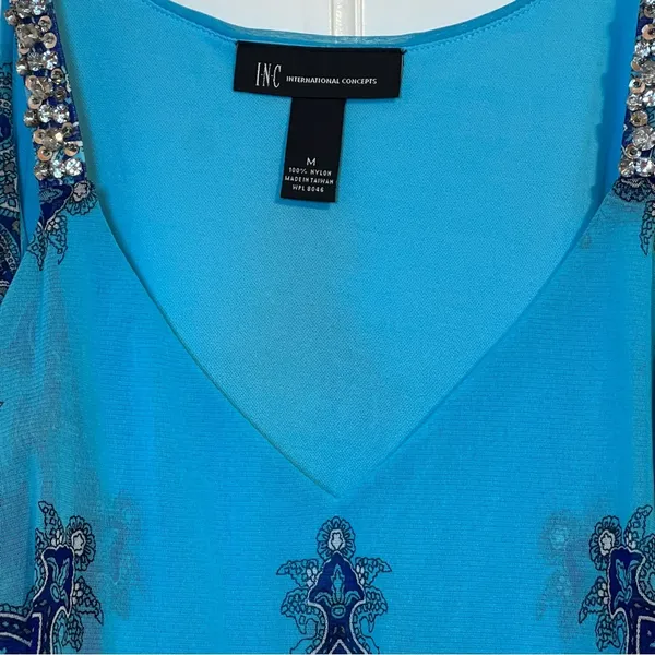 #91 Inc International Concepts Blue Paisley Embellished Top Medium - Image 3