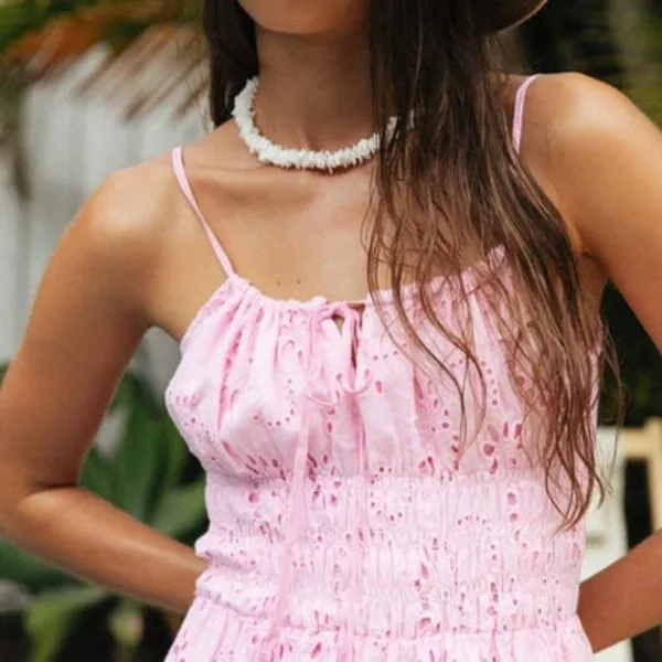 Charlie Holiday Anne Pink Eyelet Cotton Smocked Broderie Maxi Sundress - Image 3