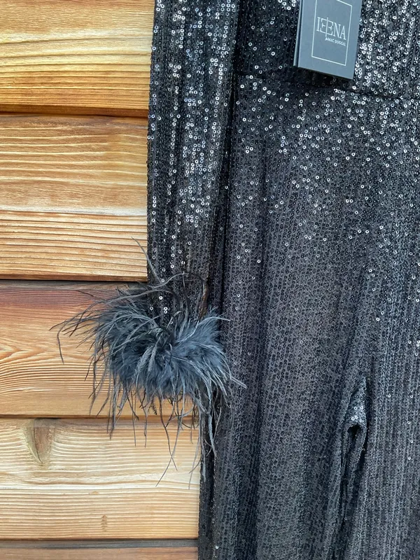 Mac Duggal Black XS Sequin Feather Trim Flare Leg V Neck Pants Jumpsuit - Image 7