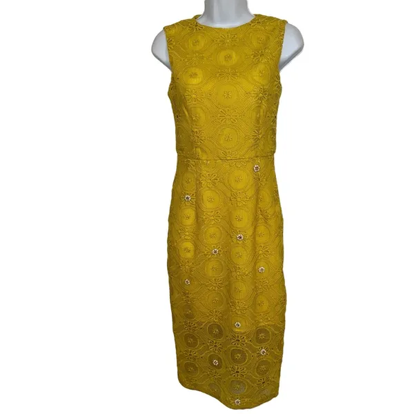 DRESSINGPAULA‎ Lemon Yellow Lace Sheath Embellished Flower Design NWT XS - Image 2