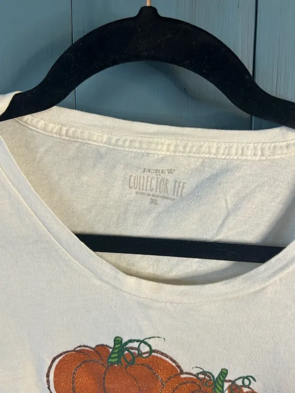 J. Crew Cream Short Sleeve Collectors Tee with Glitter Pumpkin Trio | Size XL - Image 4