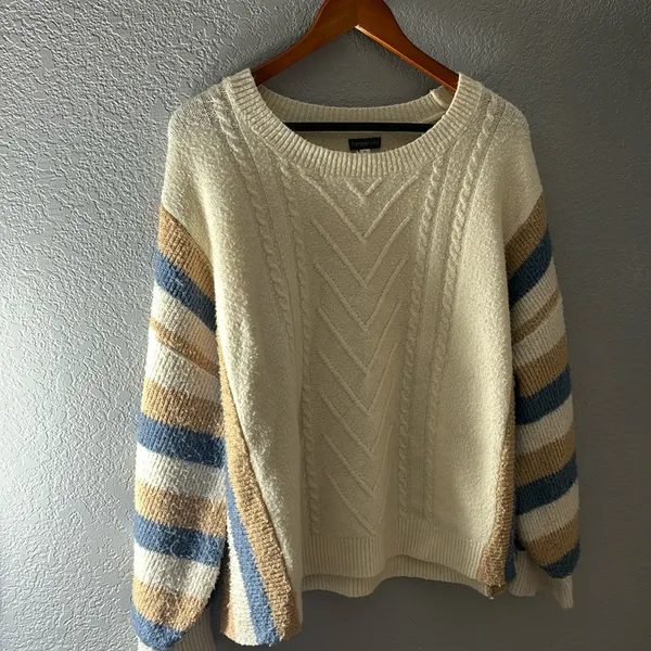 Harper & Liv Cream Knit Striped Crewneck Sweater - Image 2