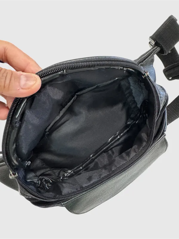 Genuine Leather Black Fanny Pack Belt Bag Crossbody Waist Pack Multi Zip Travel - Image 5
