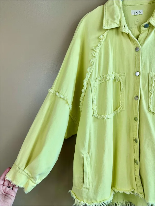 POL Chartreuse Green Raw Hem Cotton Shacket Jacket Oversized Frayed Small Casual - Image 4