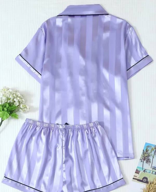 Boutique Women’s 2pcs Satin Striped Pajama Set with Short-sleeve Lapel Top and Bow Shorts - Image 2