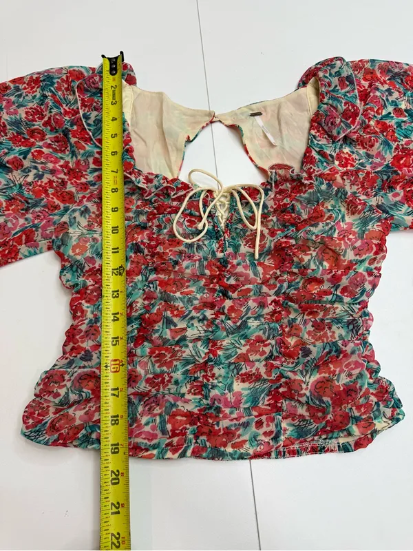 Free People Red Floral Square-Neck Ruffle Blouse size XS - Image 7