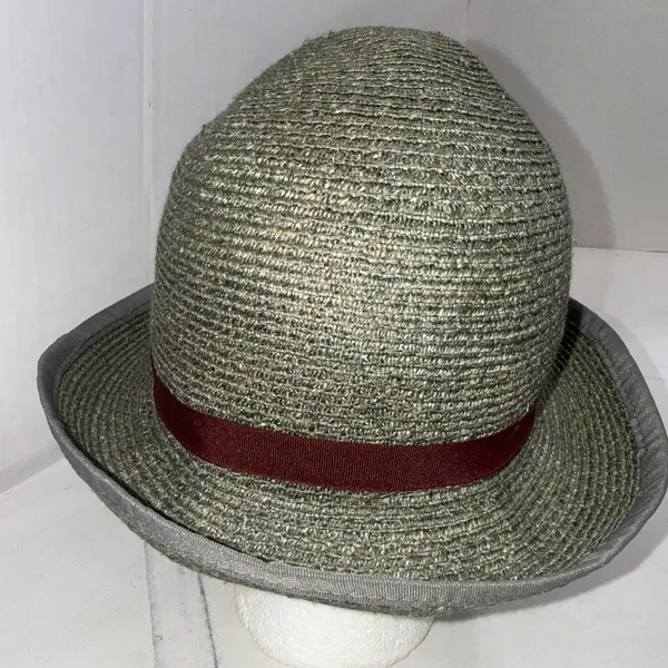 Goorin Bros Paper Woven Straw Fedora Hat Olive Green Burgundy Band Adult Small - Image 11