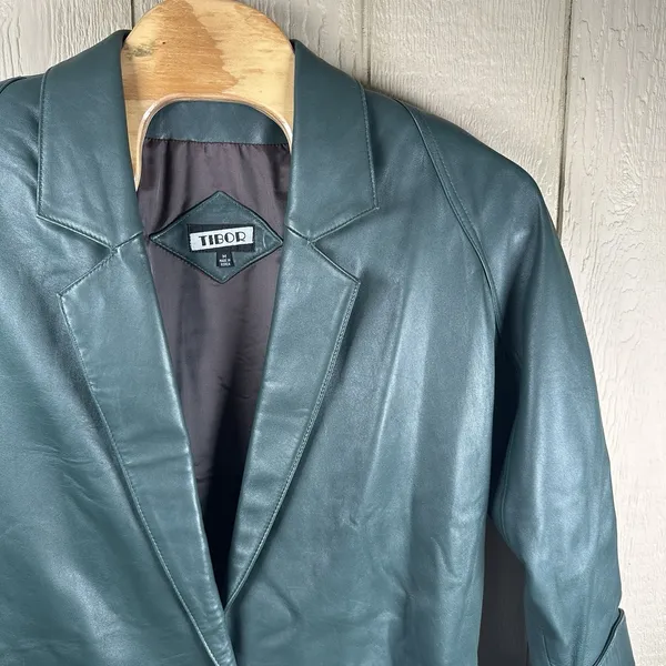 Vintage Tibor Womens Medium Green Leather Coat Jacket Mid-Length Shoulder Pads - Image 2