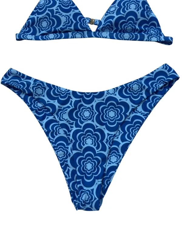 Blue Retro Floral Cheeky Bikini Set XL High Leg Triangle Swimwear Y2K Boho Beach - Image 4