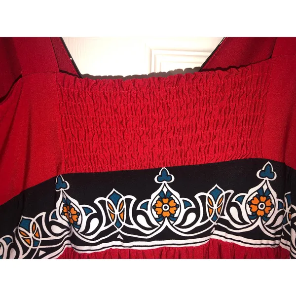Red Maxi Dress Size 6 Black White Baroque Pattern Sleeveless London Times Slinky - Image 5