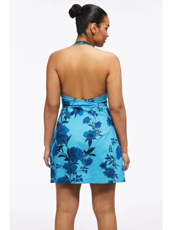 Jewel x Badgley Mischka Halter V-Neck Mini Dress in Blue 6 Womens Floral - Image 12
