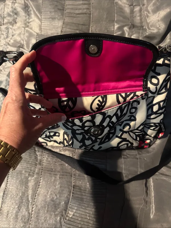 Coach Cream Crossbody Bag with Black Floral Script and Red Accents - Image 6
