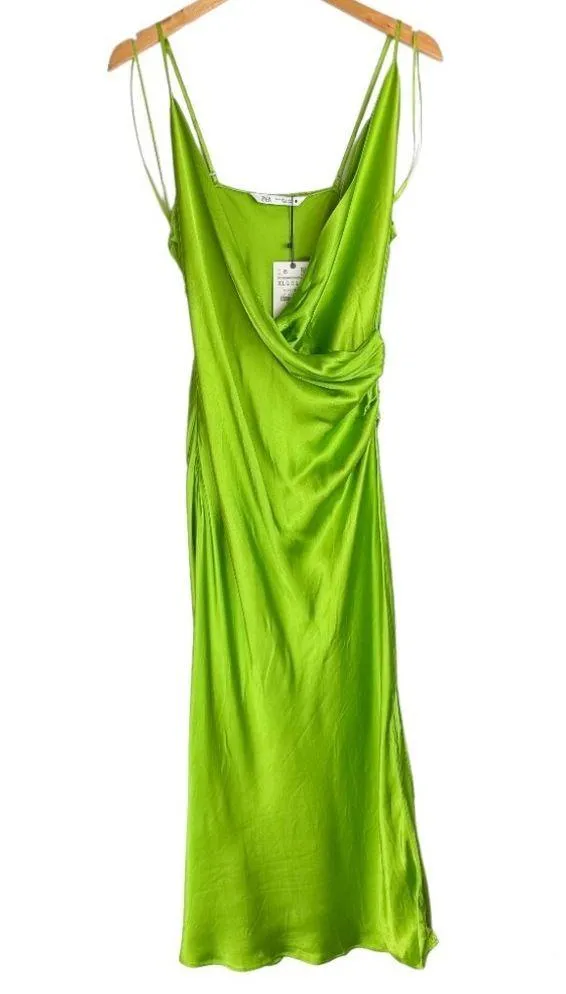 NWT ZARA Bright Green Satin Slip Midi Dress Sz XL Drapey Wrap Side Slit - Image 3