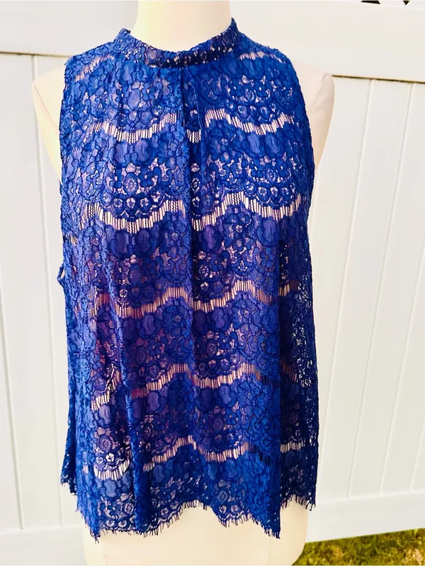 Love, Fire Royal Blue Mock Neck Lace Sleeveless Blouse - Image 3
