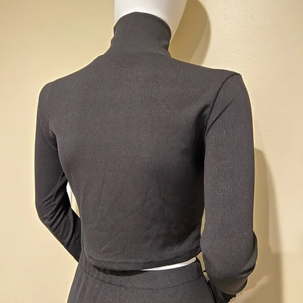 Knit Two Pieces Set Crop Top Mock Neck Blouse High Waist Flare Pants High Rise - Image 6