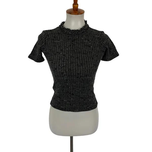 Zara Knit Top Small Gray Black Short Sleeve Stretch Y2K Preppy Chic - Image 2