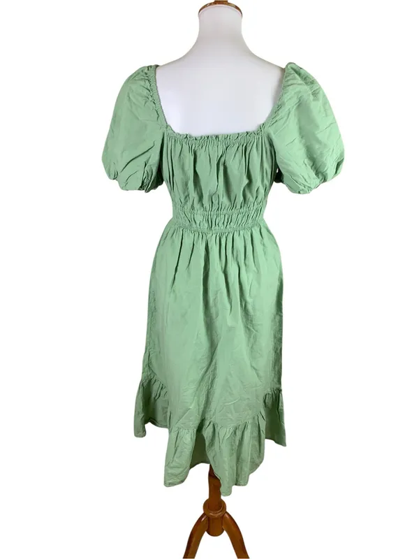 Dizzy Lizzy Sage Green Puff Sleeve Smocked Waist Midi Dress Cottagecore M - Image 3