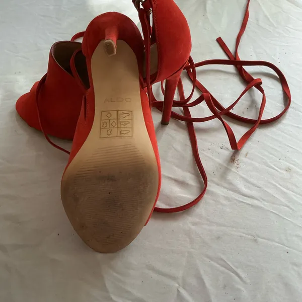 Aldo Red Suede Open Toe Stiletto Heels with Ankle Wrap Straps - Image 6