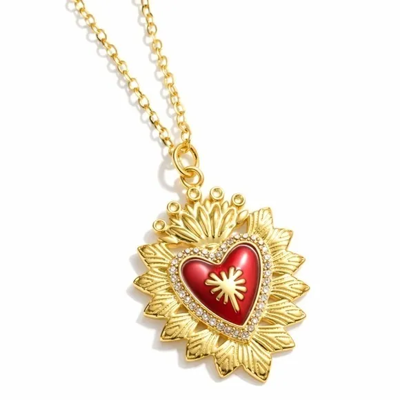 NEW Gold Plated Sacred Heart Rhinestone Sunburst Statement Necklace Valentine - Image 2