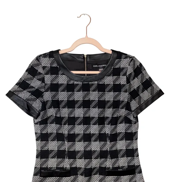 Karl Lagerfeld Paris Houndstooth Sheath Dress Faux Leather‎ Trim Black White 6 - Image 4