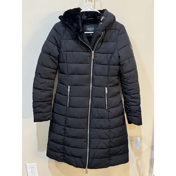 Guess Women's Faux‎ Fur Lined Hooded Puffer Coat Size XS Black - Image 2