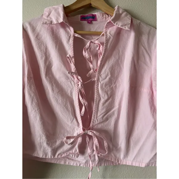Edikted Melrose Cotton Tie Front Long Sleeve Shirt Baby Pink Size XS - Image 5