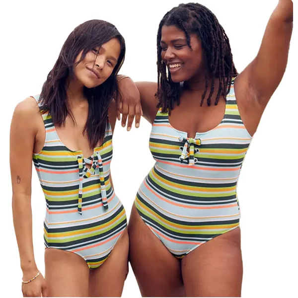 AERIE Women’s Striped One Piece Tie Front‎ One Piece Bathing Suit Sz Large - Image 11