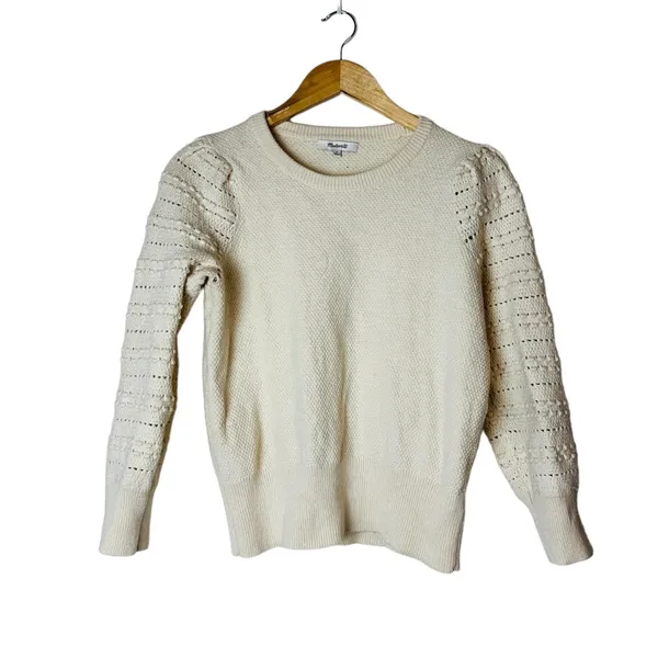 Madewell Womens Bobble Sleeve Sweater Pullover Ivory Cotton Merino Wool Medium - Image 2
