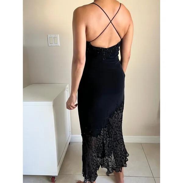 Cache Black Lace Beaded Crisscross Back Evening Formal Mermaid Dress Size 2 - Image 15