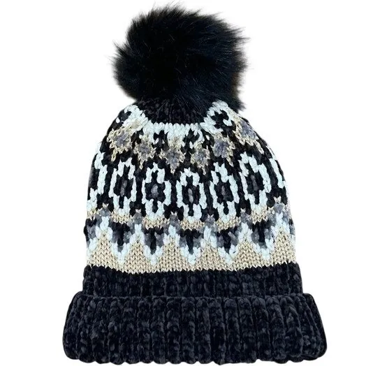 Free People Chalet Fairisle Pom Beanie Hat Black/Gold Metallic Combo One Size‎ - Image 2